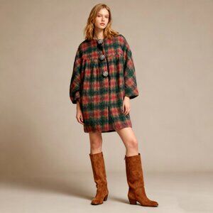 Manoush Women's Wool Blend Plaid Pea Coat Pocket Beaded Buttons Green Pink Sz 2